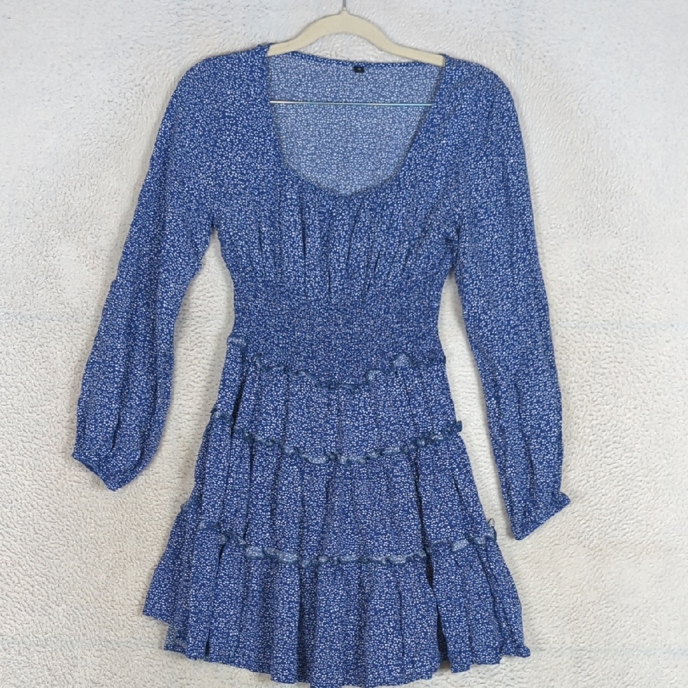 SHEIN Junior's Blue & White Floral Tiered Farmhouse Dress Size S